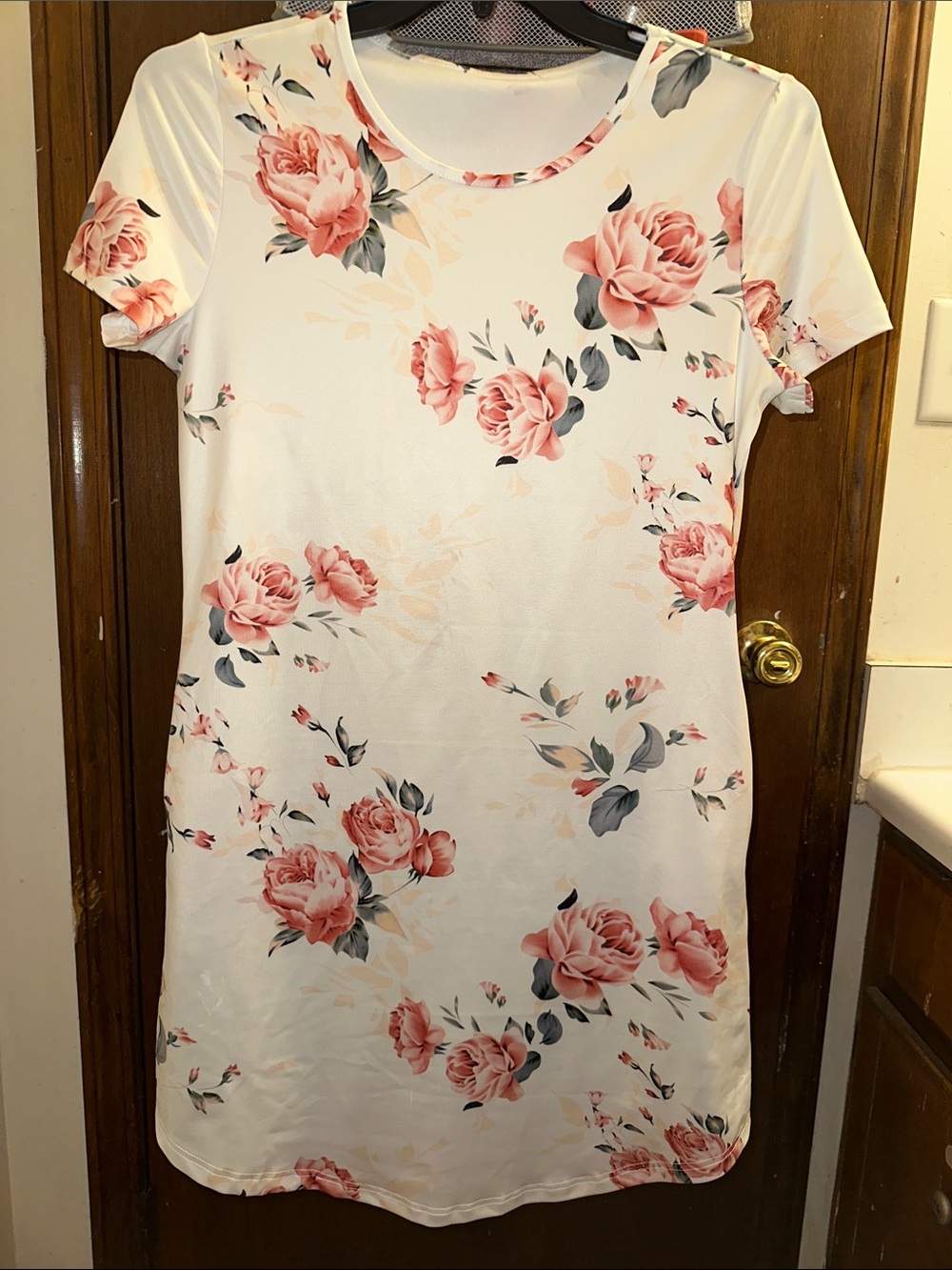 White Floral Short Sleeve Tunic - Pink Rose Print Dress M-L